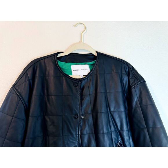 Rebecca Minkoff Faux Leather Black Square Quilted Racer Jacket Womens Medium - Picture 3 of 5